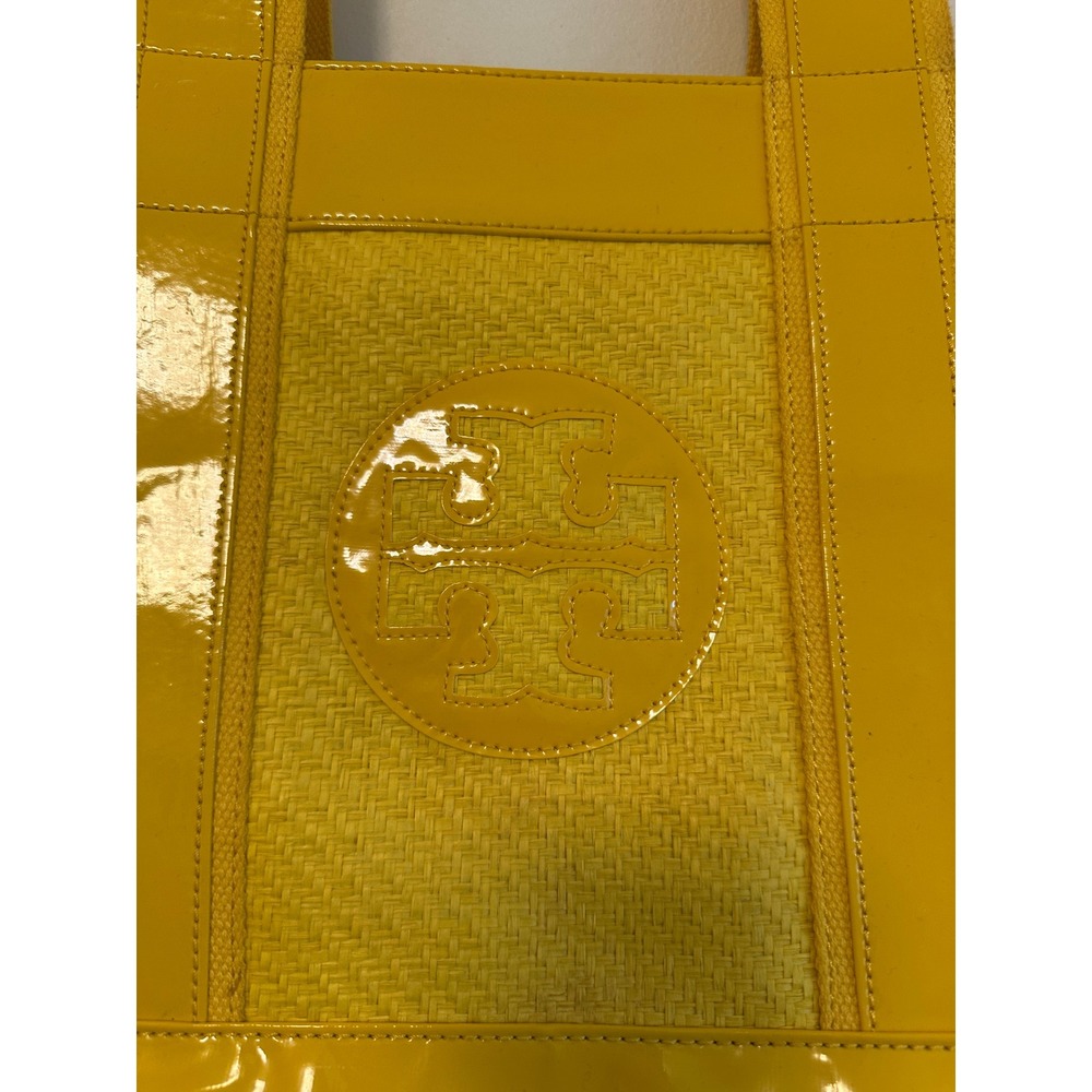 Tory Burch Ella Tote Yellow Patent Leather Woven Straw Butterfly Lining Bag - Picture 2 of 8